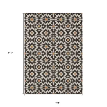 9' X 12' Charcoal Silver And Copper Floral Medallion Washable Indoor Outdoor Area Rug