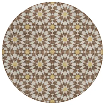 8' Chocolate Ivory And Gold Round Floral Medallion Washable Indoor Outdoor Area Rug