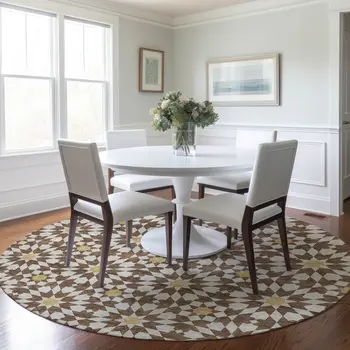 8' Chocolate Ivory And Gold Round Floral Medallion Washable Indoor Outdoor Area Rug
