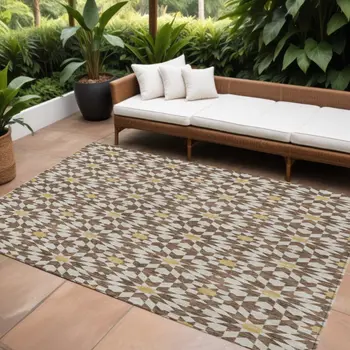 10' X 14' Chocolate Ivory And Gold Floral Medallion Washable Indoor Outdoor Area Rug