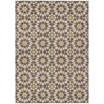 10' X 14' Chocolate Ivory And Gold Floral Medallion Washable Indoor Outdoor Area Rug