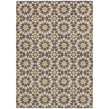 10' X 14' Chocolate Ivory And Gold Floral Medallion Washable Indoor Outdoor Area Rug