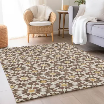 10' X 14' Chocolate Ivory And Gold Floral Medallion Washable Indoor Outdoor Area Rug