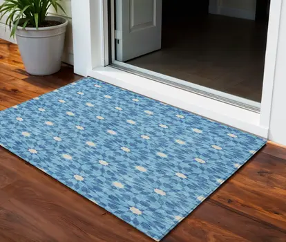 3' X 5' Denim Blue And Ivory Floral Medallion Washable Indoor Outdoor Area Rug