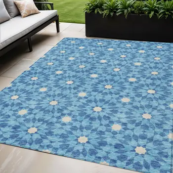 5' X 8' Denim Blue And Ivory Floral Medallion Washable Indoor Outdoor Area Rug