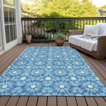 5' X 8' Denim Blue And Ivory Floral Medallion Washable Indoor Outdoor Area Rug