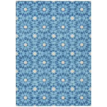5' X 8' Denim Blue And Ivory Floral Medallion Washable Indoor Outdoor Area Rug