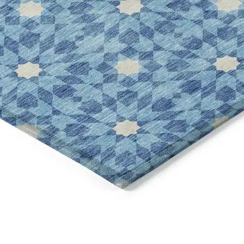 8' X 10' Denim Blue And Ivory Floral Medallion Washable Indoor Outdoor Area Rug