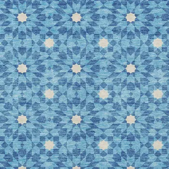 8' X 10' Denim Blue And Ivory Floral Medallion Washable Indoor Outdoor Area Rug