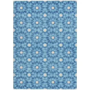 9' X 12' Denim Blue And Ivory Floral Medallion Washable Indoor Outdoor Area Rug