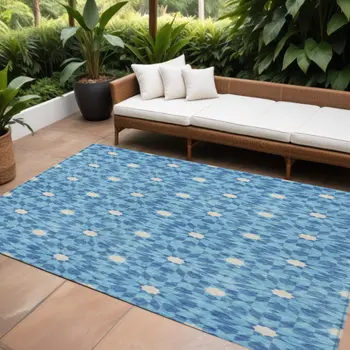 10' X 14' Denim Blue And Ivory Floral Medallion Washable Indoor Outdoor Area Rug