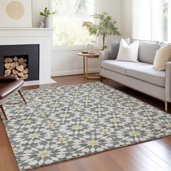 3' X 5' Gray Ivory And Gold Floral Medallion Washable Indoor Outdoor Area Rug