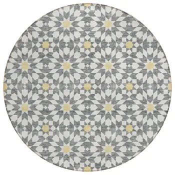 8' Gray Ivory And Gold Round Floral Medallion Washable Indoor Outdoor Area Rug