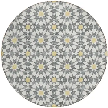 8' Gray Ivory And Gold Round Floral Medallion Washable Indoor Outdoor Area Rug