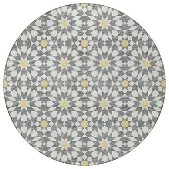 8' Gray Ivory And Gold Round Floral Medallion Washable Indoor Outdoor Area Rug
