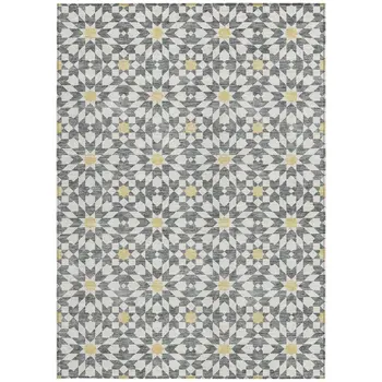 8' X 10' Gray Ivory And Gold Floral Medallion Washable Indoor Outdoor Area Rug