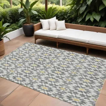 10' X 14' Gray Ivory And Gold Floral Medallion Washable Indoor Outdoor Area Rug