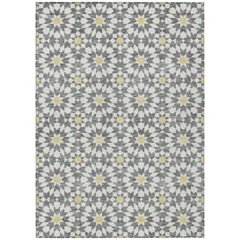 10' X 14' Gray Ivory And Gold Floral Medallion Washable Indoor Outdoor Area Rug