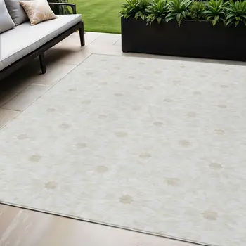 5' X 8' Ivory Beige And Taupe Floral Medallion Washable Indoor Outdoor Area Rug