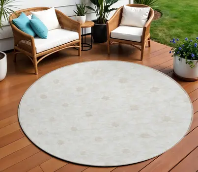 8' Ivory Beige And Taupe Round Floral Medallion Washable Indoor Outdoor Area Rug