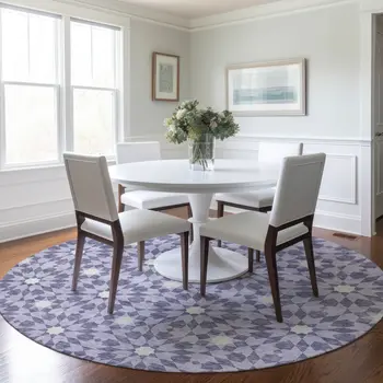 8' Lilac Purple And Ivory Round Floral Medallion Washable Indoor Outdoor Area Rug