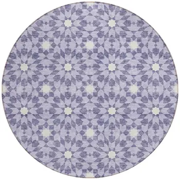 8' Lilac Purple And Ivory Round Floral Medallion Washable Indoor Outdoor Area Rug