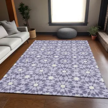 10' X 14' Lilac Purple And Ivory Floral Medallion Washable Indoor Outdoor Area Rug