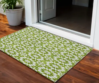 3' X 5' Lime Green Ivory And Beige Floral Medallion Washable Indoor Outdoor Area Rug