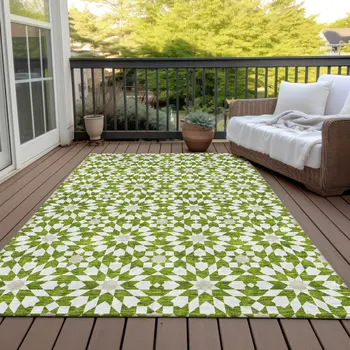 5' X 8' Lime Green Ivory And Beige Floral Medallion Washable Indoor Outdoor Area Rug