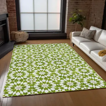 5' X 8' Lime Green Ivory And Beige Floral Medallion Washable Indoor Outdoor Area Rug