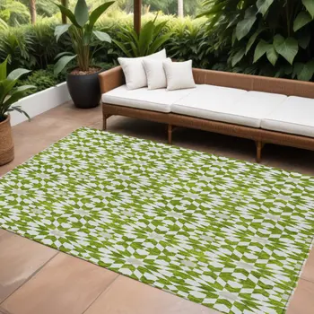 8' X 10' Lime Green Ivory And Beige Floral Medallion Washable Indoor Outdoor Area Rug