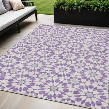 5' X 8' Lavender Purple And Ivory Floral Medallion Washable Indoor Outdoor Area Rug