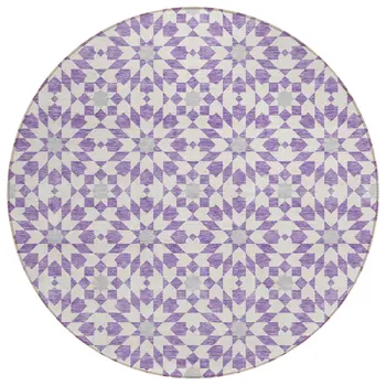 8' Lavender Purple And Ivory Round Floral Medallion Washable Indoor Outdoor Area Rug