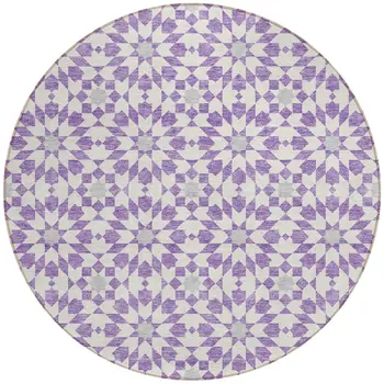 8' Lavender Purple And Ivory Round Floral Medallion Washable Indoor Outdoor Area Rug