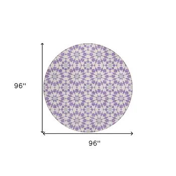 8' Lavender Purple And Ivory Round Floral Medallion Washable Indoor Outdoor Area Rug