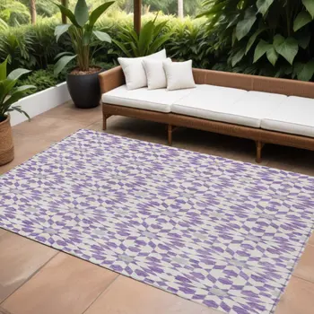 10' X 14' Lavender Purple And Ivory Floral Medallion Washable Indoor Outdoor Area Rug