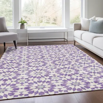 10' X 14' Lavender Purple And Ivory Floral Medallion Washable Indoor Outdoor Area Rug