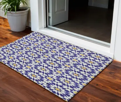3' X 5' Navy Blue And Ivory Floral Medallion Washable Indoor Outdoor Area Rug