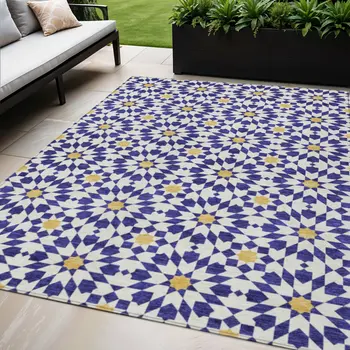 5' X 8' Navy Blue And Ivory Floral Medallion Washable Indoor Outdoor Area Rug