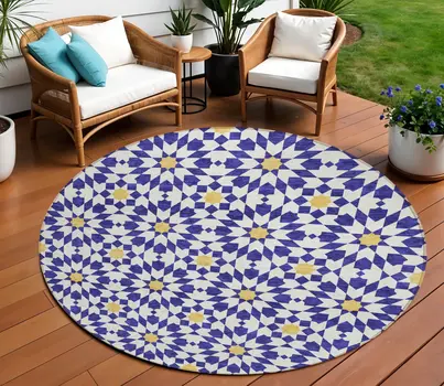 8' Navy Blue And Ivory Round Floral Medallion Washable Indoor Outdoor Area Rug