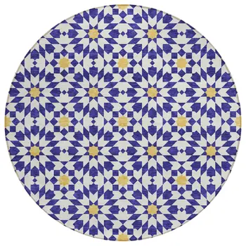 8' Navy Blue And Ivory Round Floral Medallion Washable Indoor Outdoor Area Rug