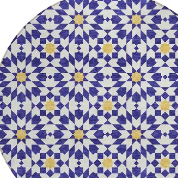 8' Navy Blue And Ivory Round Floral Medallion Washable Indoor Outdoor Area Rug
