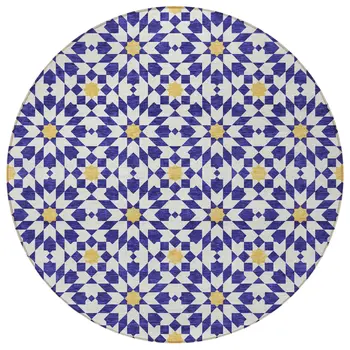 8' Navy Blue And Ivory Round Floral Medallion Washable Indoor Outdoor Area Rug
