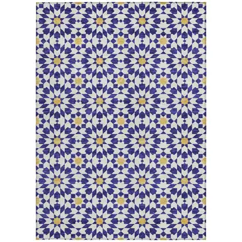 9' X 12' Navy Blue And Ivory Floral Medallion Washable Indoor Outdoor Area Rug