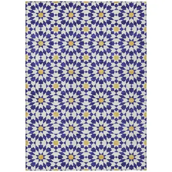 9' X 12' Navy Blue And Ivory Floral Medallion Washable Indoor Outdoor Area Rug