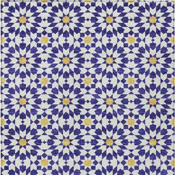 9' X 12' Navy Blue And Ivory Floral Medallion Washable Indoor Outdoor Area Rug