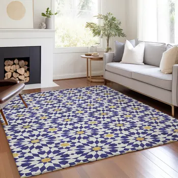 9' X 12' Navy Blue And Ivory Floral Medallion Washable Indoor Outdoor Area Rug