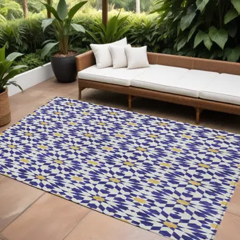 10' X 14' Navy Blue And Ivory Floral Medallion Washable Indoor Outdoor Area Rug