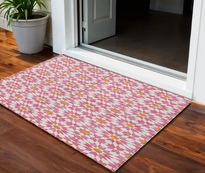 3' X 5' Pink Ivory And Orange Floral Medallion Washable Indoor Outdoor Area Rug