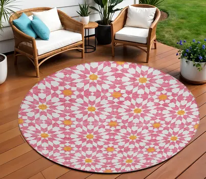 8' Pink Ivory And Orange Round Floral Medallion Washable Indoor Outdoor Area Rug